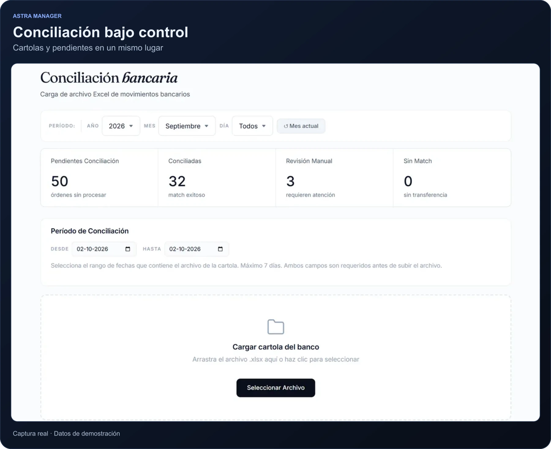 Conciliación bancaria con órdenes pendientes y conciliadas, y la carga de la cartola del banco. Datos de demostración.